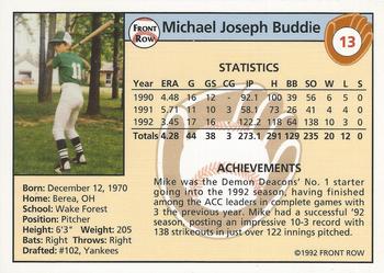 1992 Front Row Draft Picks #13 Mike Buddie Back
