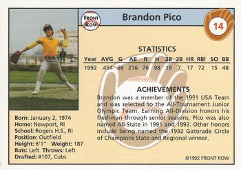 1992 Front Row Draft Picks #14 Brandon Pico Back