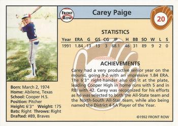 1992 Front Row Draft Picks #20 Carey Paige Back