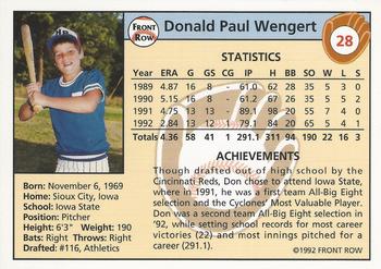 1992 Front Row Draft Picks #28 Don Wengert Back