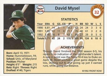 1992 Front Row Draft Picks #32 David Mysel Back