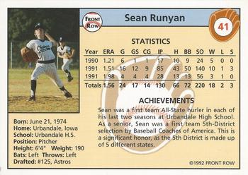 1992 Front Row Draft Picks #41 Sean Runyan Back