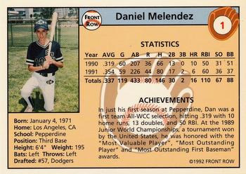 1992 Front Row Draft Picks #1 Dan Melendez Back