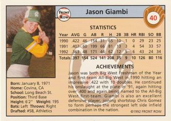 1992 Front Row Draft Picks #40 Jason Giambi Back