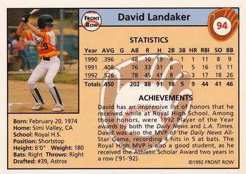 1992 Front Row Draft Picks #94 David Landaker Back