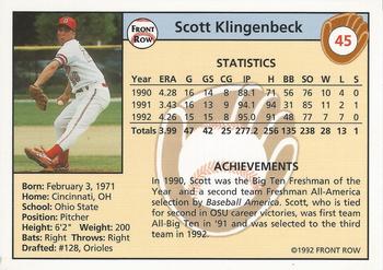 1992 Front Row Draft Picks #45 Scott Klingenbeck Back