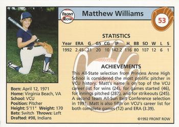 1992 Front Row Draft Picks #53 Matt Williams Back