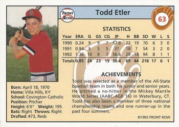 1992 Front Row Draft Picks #63 Todd Etler Back