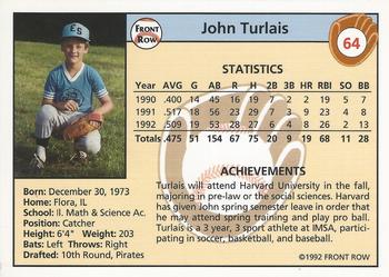 1992 Front Row Draft Picks #64 John Turlais Back