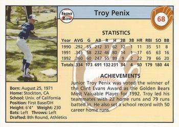 1992 Front Row Draft Picks #68 Troy Penix Back