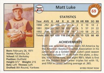 1992 Front Row Draft Picks #69 Matt Luke Back