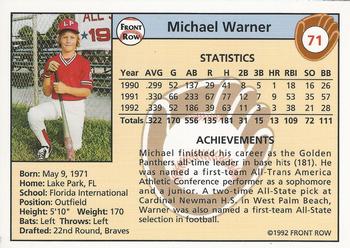 1992 Front Row Draft Picks #71 Michael Warner Back