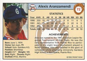 1992 Front Row Draft Picks #72 Alexis Aranzamendi Back