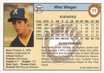 1992 Front Row Draft Picks #77 Wes Weger Back