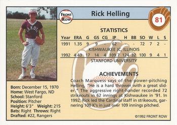 1992 Front Row Draft Picks #81 Rick Helling Back