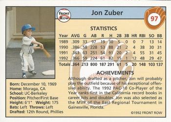 1992 Front Row Draft Picks #97 Jon Zuber Back