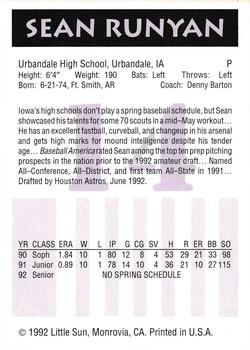 1992 Little Sun High School Prospects #14 Sean Runyan Back