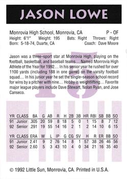 1992 Little Sun High School Prospects #15 Jason Lowe Back