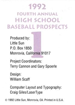 1992 Little Sun High School Prospects #1 Logo Card Back