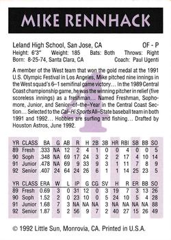 1992 Little Sun High School Prospects #4 Mike Rennhack Back