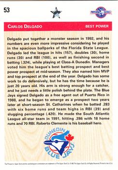 1992 Upper Deck Minor League #53 Carlos Delgado Back