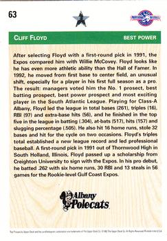 1992 Upper Deck Minor League #63 Cliff Floyd Back