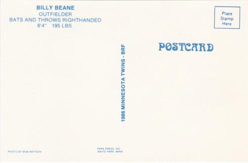 1986 Minnesota Twins Postcards #NNO Billy Beane Back