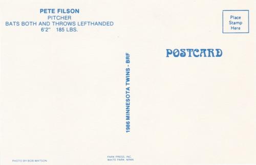 1986 Minnesota Twins Postcards #NNO Pete Filson Back