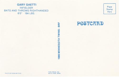 1986 Minnesota Twins Postcards #NNO Gary Gaetti Back