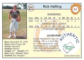 1992 Front Row Draft Picks - Autographs #81 Rick Helling Back
