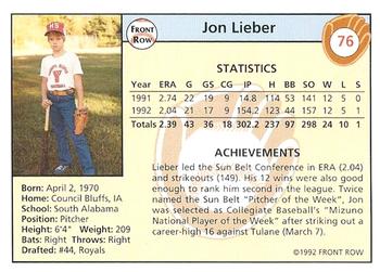 1992 Front Row Draft Picks - Autographs #76 Jon Lieber Back