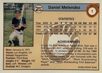 1992 Front Row Draft Picks - Autographs #1 Dan Melendez Back