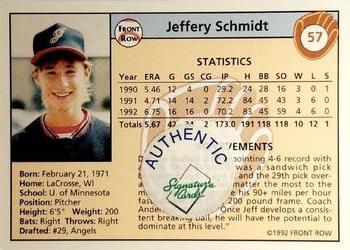 1992 Front Row Draft Picks - Autographs #57 Jeff Schmidt Back