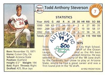 1992 Front Row Draft Picks - Autographs #7 Todd Steverson Back