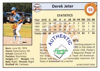 1992 Front Row Draft Picks - Autographs #55 Derek Jeter Back