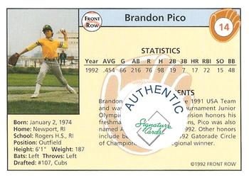 1992 Front Row Draft Picks - Autographs #14 Brandon Pico Back