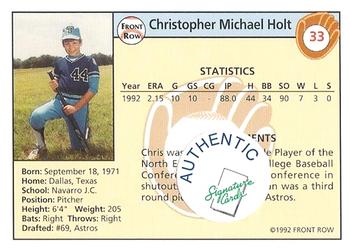 1992 Front Row Draft Picks - Autographs #33 Chris Holt Back