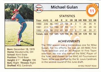 1992 Front Row Draft Picks - Silver #11 Mike Gulan Back