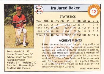 1992 Front Row Draft Picks - Silver #12 Jared Baker Back