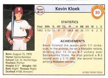 1992 Front Row Draft Picks - Silver #30 Kevin Kloek Back