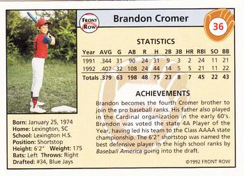 1992 Front Row Draft Picks - Silver #36 Brandon Cromer Back