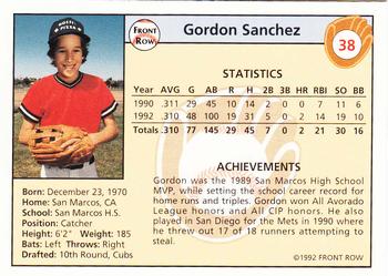 1992 Front Row Draft Picks - Silver #38 Gordon Sanchez Back