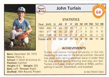 1992 Front Row Draft Picks - Silver #64 John Turlais Back