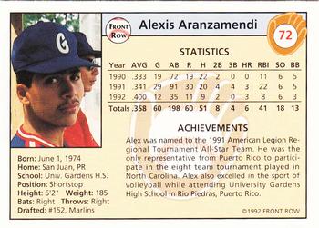 1992 Front Row Draft Picks - Silver #72 Alexis Aranzamendi Back