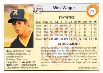 1992 Front Row Draft Picks - Silver #77 Wes Weger Back