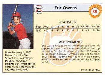 1992 Front Row Draft Picks - Silver #88 Eric Owens Back