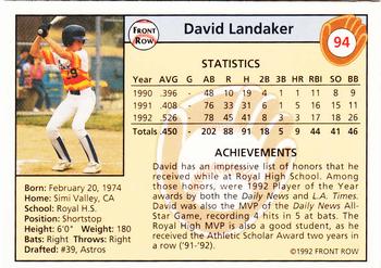 1992 Front Row Draft Picks - Silver #94 David Landaker Back