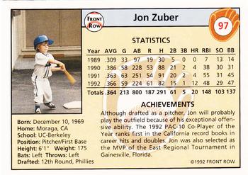 1992 Front Row Draft Picks - Silver #97 Jon Zuber Back