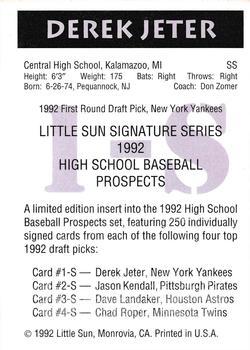 1992 Little Sun High School Prospects - Proofs #NNO Derek Jeter Back