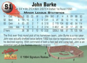 1994 Signature Rookies - Hottest Prospects Mail-In Promos #S1 John Burke Back